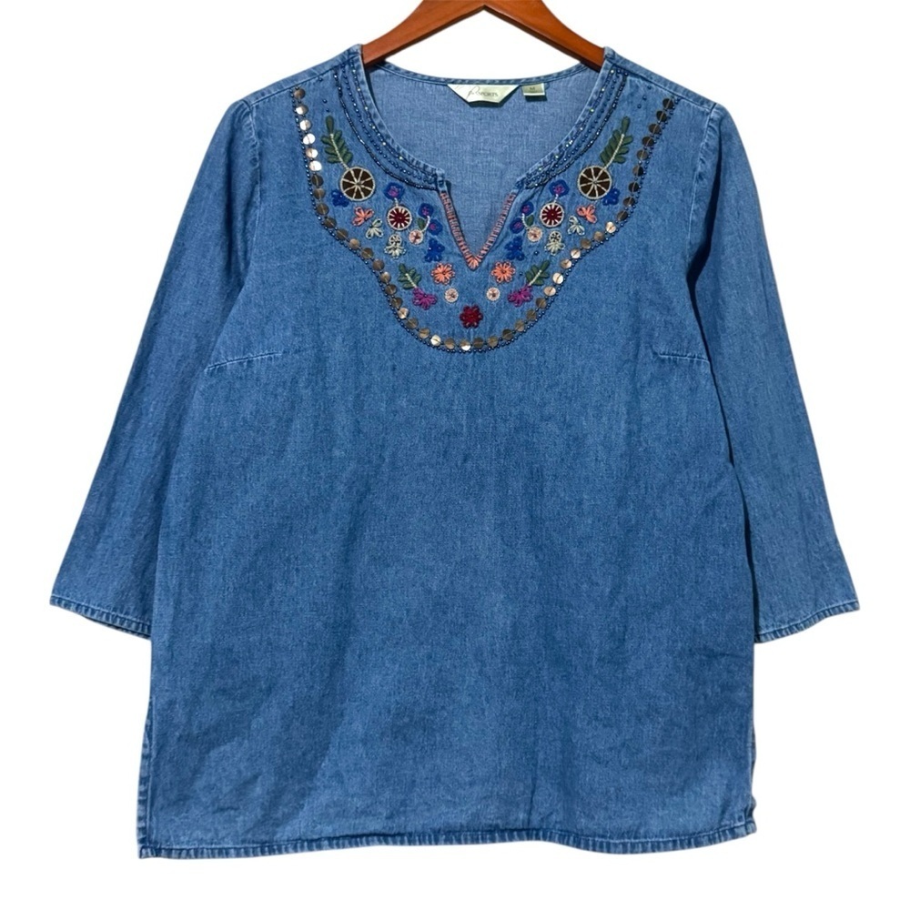 Passport Medium Denim Embroidered Beaded Boho Top Split Neck 3/4 Sleeve